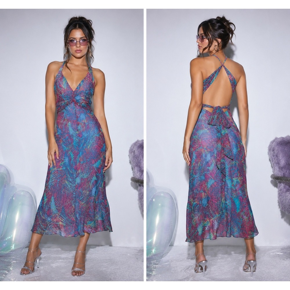 BCBGMAXAZRIA 6 Midi Dress y2k Teal Good Silk Tropical Palm Print Halter V-Neck